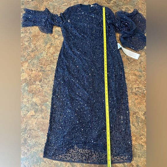 NWT MAC DUGGAL 10802 Navy Fully Sequined Ruffle Tiered 3/4 Sleeve Midi Dress - Picture 12 of 15